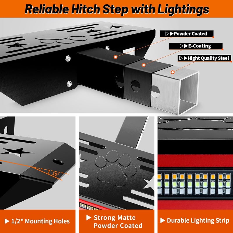 VKU Hitch Step with Light and Whip Mount Holes, 108 LED Brake Lighting(6 Mode) Fit 2" Receiver Steel Construction Powder Matte Coated for Trucks Chevy Ford Toyota GMC Dodge RAM Jeep ATVs SUVs Vans - Image 4